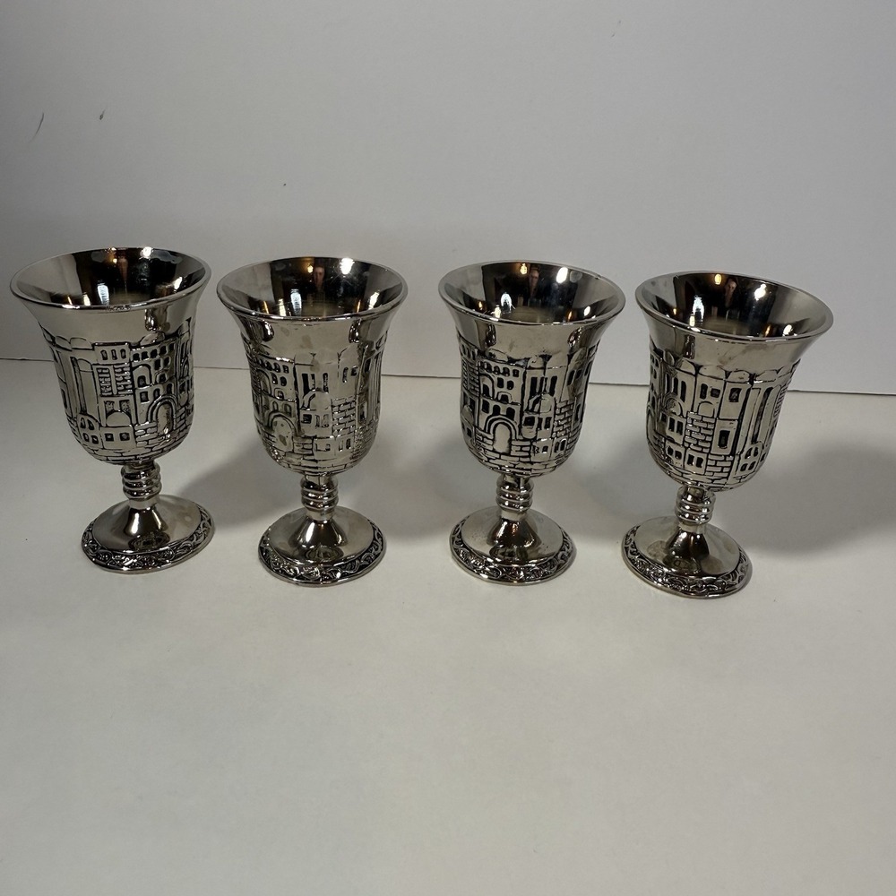 Set Of 4 ‎ Kiddush Cups Small Silver Plated Old City Of Jerusalem Vintage
